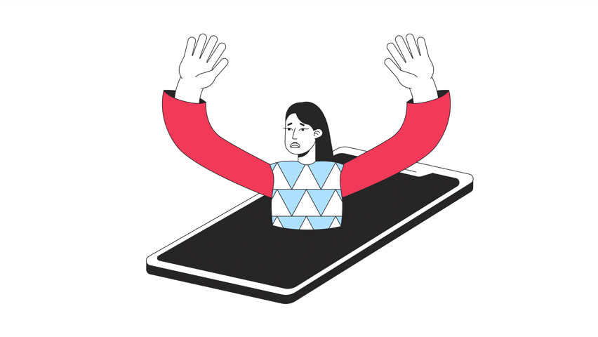 Cell phone obsession animation. Animated smartphone addicted girl 2D cartoon flat colour line character. Drowning 4K video concept footage on white with alpha channel transparency for web design