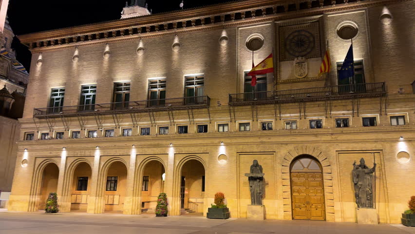 Night image of the city council of the city of Zaragoza, Spain. High quality 4k footage