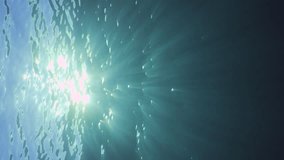 Vertical video, Sunlight at daytime penetrates through waves on water surface. Bright sun rays during at day pierce surface of water. Underwater view of water surface with sun on day time