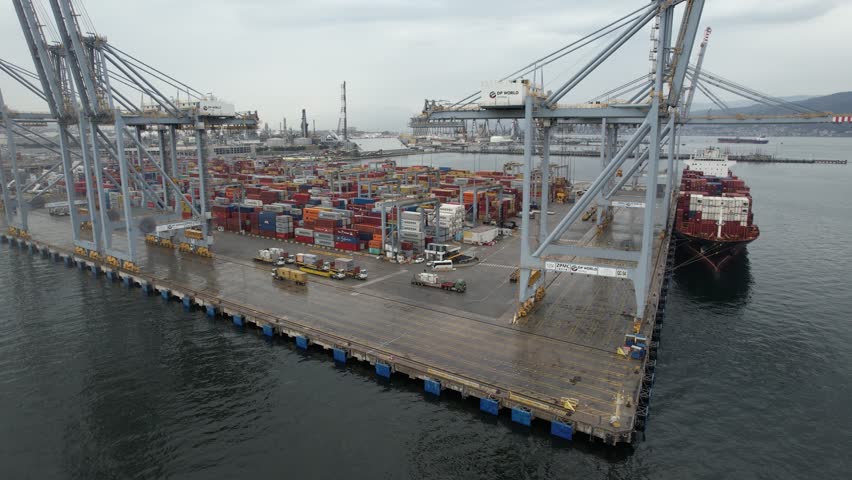 container, aerial container port and containers near cranes for cargo
