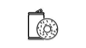 Black Aluminum can soda and donut icon isolated on white background. Fast food symbol. 4K Video motion graphic animation.