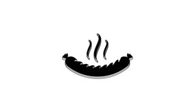 Black Sausage with steam icon isolated on white background. Grilled sausage and aroma sign. 4K Video motion graphic animation.