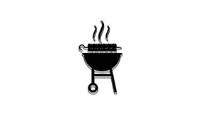 Black Barbecue grilled shish kebab on skewer stick icon isolated on white background. BBQ meat kebab on skewer stick. Picnic with grill meat. 4K Video motion graphic animation.