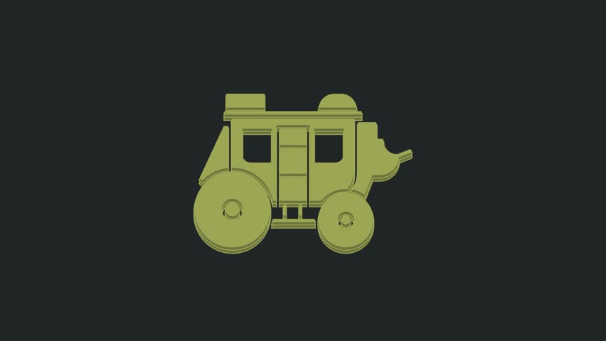 Green Western stagecoach icon isolated on black background. 4K Video motion graphic animation.