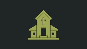 Green Church building icon isolated on black background. Christian Church. Religion of church. 4K Video motion graphic animation.