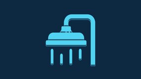 Blue Shower head with water drops flowing icon isolated on blue background. 4K Video motion graphic animation.