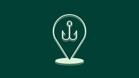 White Fishing hook icon isolated on green background. Fishing tackle. 4K Video motion graphic animation.