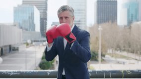Mature businessman with boxing gloves in guard position outdoors