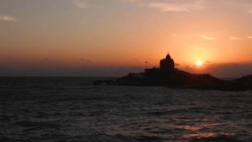 Vivekananda rock memorial and Thiruvalluvar statue near sea at Kanyakumari Tamilnadu South India 4k video footage	