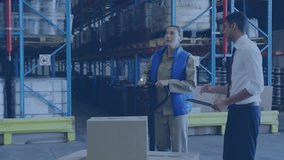 Animation of network of icons over diverse male supervisor and female worker working at warehouse. Global networking and logistics business technology concept - Powered by Shutterstock - Get 15% off with code: PIKWIZARD15