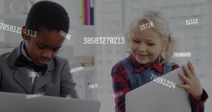 Animation of financial data processing over diverse children using laptops at office. Global business, communication, finances and digital interface concept digitally generated video.