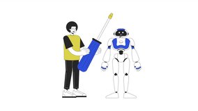 Robotics engineering animation. Animated robot, mechanical engineer with tool 2D cartoon flat colour line characters. 4K video concept footage on white with alpha channel transparency for web design