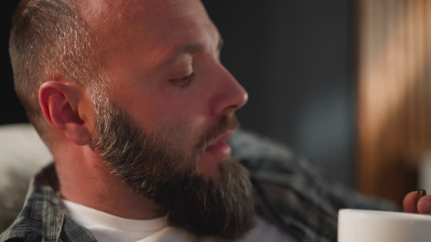 Bearded man takes prescribed capsule drinking with water from white cup. Male with cardiac disease takes dietary supplement to improve health condition closeup