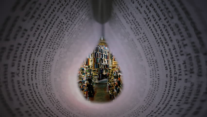 Library Books Stacks Page Interior Zoom In Hole. Zoom in through inside a written page to a library stack of books