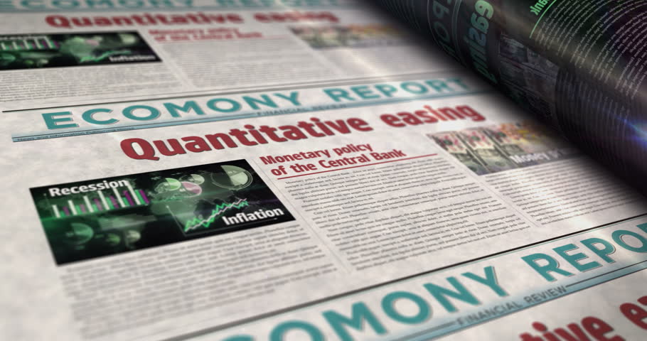 Quantitative easing inflation crisis and monetary policy daily news newspaper roll printing. Abstract concept retro headlines 3d seamless looped. Royalty-Free Stock Footage #1102505899