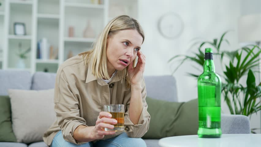 Drunk depressed mature blonde woman drinking alcohol sitting on sofa in living room at home. Tired and sad female thinking about problems holding glass of whiskey in hand in front of table with bottle Royalty-Free Stock Footage #1102507169
