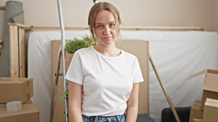 Young blonde woman smiling confident holding blackboard at new home