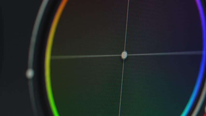 Color correction post production video in progress, close up. Video editing and professional color correction program. darkness, shadow, backlight. Macro shot of monitor screen. Color wheels Royalty-Free Stock Footage #1102508215