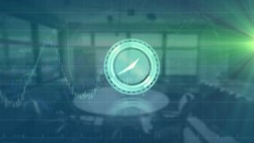 Animation of neon ticking clock, financial data processing and green light spot against empty office. Global finance and business interface technology concept - Powered by Shutterstock - Get 15% off with code: PIKWIZARD15