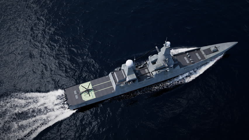 Large battleship sailing at sea, with missiles and helicopter on board. 3D animation render. 3D Illustration