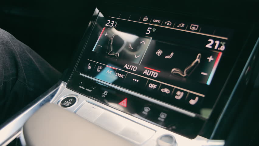 Turning on the climate control on the touch panel, on a modern electric car Royalty-Free Stock Footage #1102509199