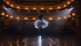 Couple of classical ballet dancers practice on theatre stage before performance. Man in training suit lifts graceful ballerina. Dance choreography rehearsal. Illuminated theatrical hall. Slow motion. - Powered by Shutterstock - Get 15% off with code: PIKWIZARD15