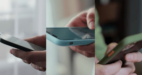 Multiscreen on people using smartphone in everyday life. People using the mobile phone. No-mobile-phone phobia. Multiscreen footage. Split screen variation. Vídeo Stock