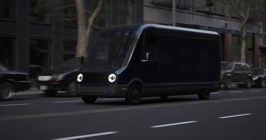 TRACKING Wide shot of modern electric EV delivery van driving through streets of a big city, delivering parcels to clients. Realistic 3d rendering. 3D Illustration Royalty-Free Stock Footage #1102509975