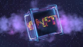 Non fungible token on technology alien background. NFT letters in rotating cube. Neon 3d render. inscription nft rotates in the cloud. - Powered by Shutterstock - Get 15% off with code: PIKWIZARD15