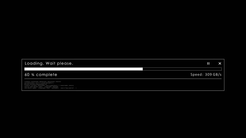Futuristic loading bar animation with glitches, digital distortions, and system failures. Cyberpunk loading bar animation with noise and artifacts. Glitched downloading process.