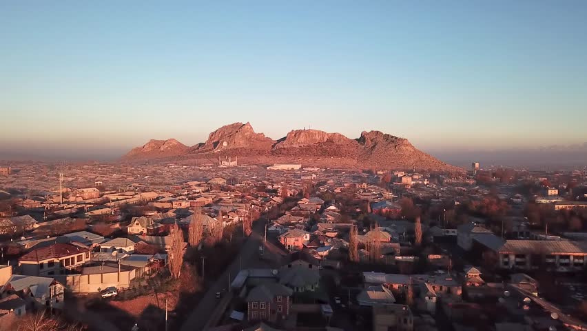 Aerial view of Sulaiman Too Sacred Mountain in Osh city, Kyrgyzstan