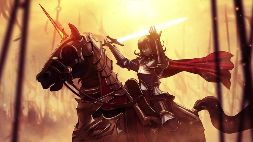 young girl knight with blue eyes, riding a horse in the anime style prays the sacred sword to heaven, she shines with white magic blessing her and surrounding army. approaching 2d animated art