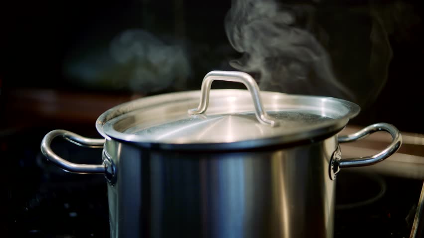 Cook Dinner On Stove. Boiling Water Steel Pan. Steam Boil Water. Process On Cooking Meal. Steel Pot On Gas Stove. Steaming Pot Hot Temperature Boiling Water Evaporation. Food Preparation Cooking Dish Royalty-Free Stock Footage #1102519583
