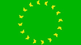 Animated frame from yellow butterflies fly in a circle. Looped video. Summer and spring concept. Vector illustration isolated on green background.