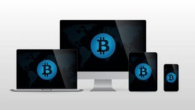 Digital world devices with bitcoin crypto mining internet money. Realistic set of computer monitors with Bitcoin icon in screen and light gradient background. Animation video.