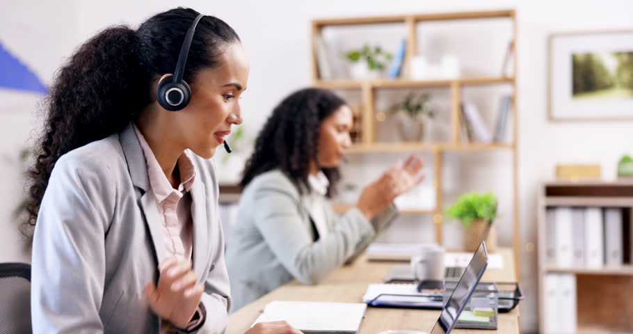 Call center, customer service or face of happy woman consulting, conversation or explaining. Portrait smile, communication or friendly female sales agent talking or speaking of tech support office