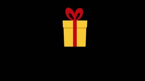 On a transparent background, a gift appears in a yellow wrapper and with a red ribbon. Animation of gift packaging for the holiday in flat style.