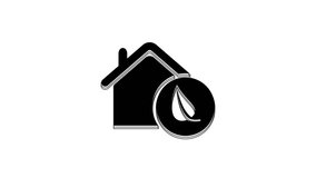 Black Eco friendly house icon isolated on white background. Eco house with leaf. 4K Video motion graphic animation.
