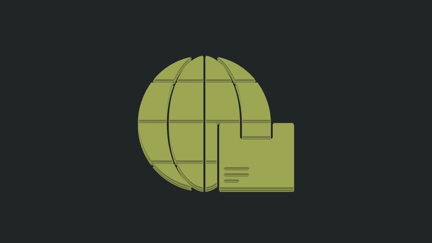 Green Worldwide shipping and cardboard box icon isolated on black background. 4K Video motion graphic animation.