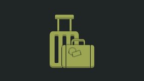 Green Suitcase for travel icon isolated on black background. Traveling baggage sign. Travel luggage icon. 4K Video motion graphic animation.