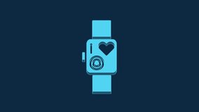 Blue Smart watch showing heart beat rate icon isolated on blue background. Fitness App concept. 4K Video motion graphic animation.