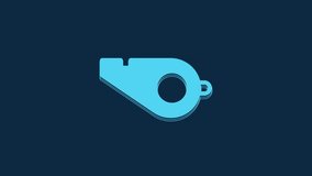 Blue Whistle icon isolated on blue background. Referee symbol. Fitness and sport sign. 4K Video motion graphic animation.