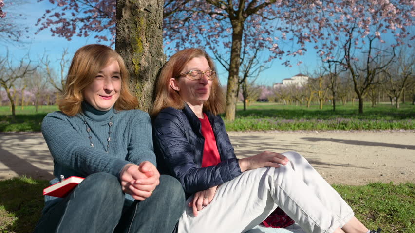 Beautiful footage of two middle-aged women who exchange confidences by talking and gesturing while sitting at the base of a cherry tree. Concept of friendship, relationship with nature. Copy space.