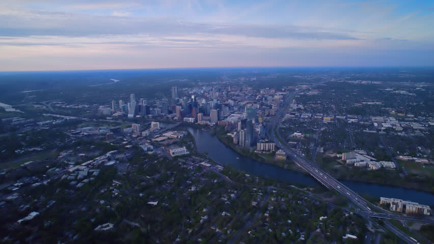 Aerial view of Austin downtown at sunny day at evening. Business centre in south city of state Texas. 