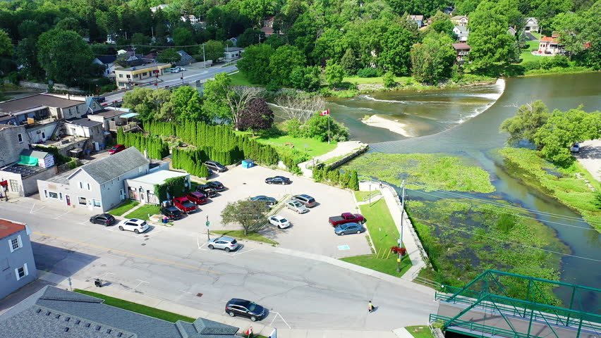 Aerial of St Marys, Ontario, Canada by Milt Dunnell Park on a fine day 4K