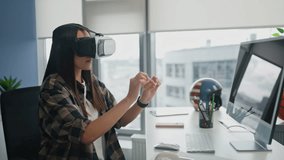 Skilful designer touching vr objects at modern interior. Headset programmer testing 3D games in home office closeup. Focused virtual reality glasses woman moving hands at panoramic windows place