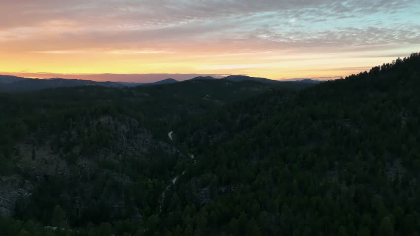 Drone shot of a warm sunset over South Dakota