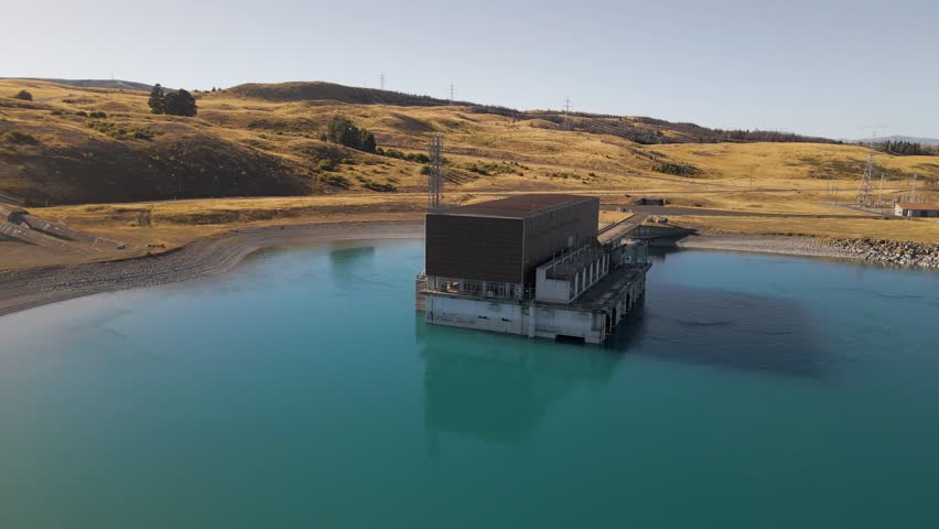 Tekapo B Power Station surrounded by water in lake Pukaki, Canterbury; aerial