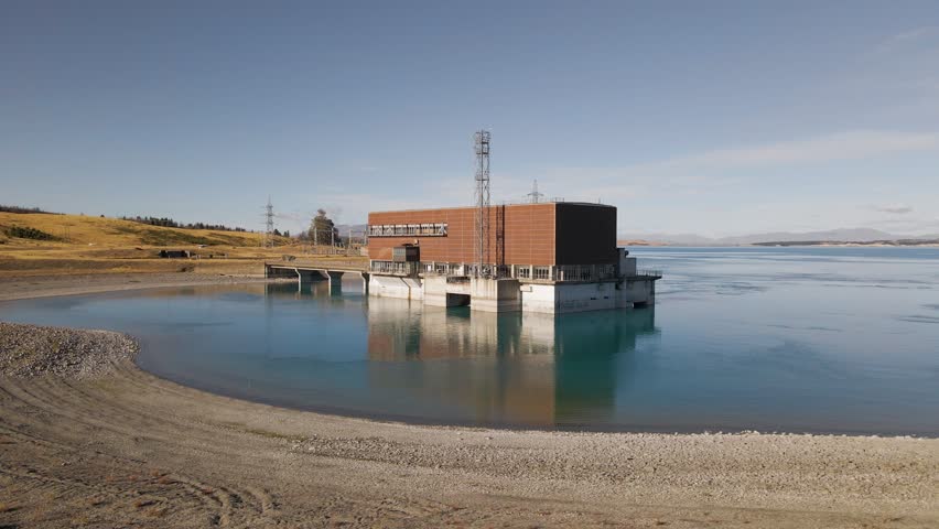 Tekapo B hydroelectric power station in Lake Pukaki, New Zealand - aerial view