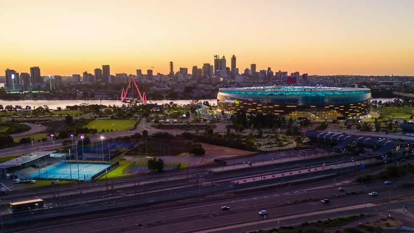 Aerial hyperlapse, dronelapse video of Perth city and highway traffic in Australia at night